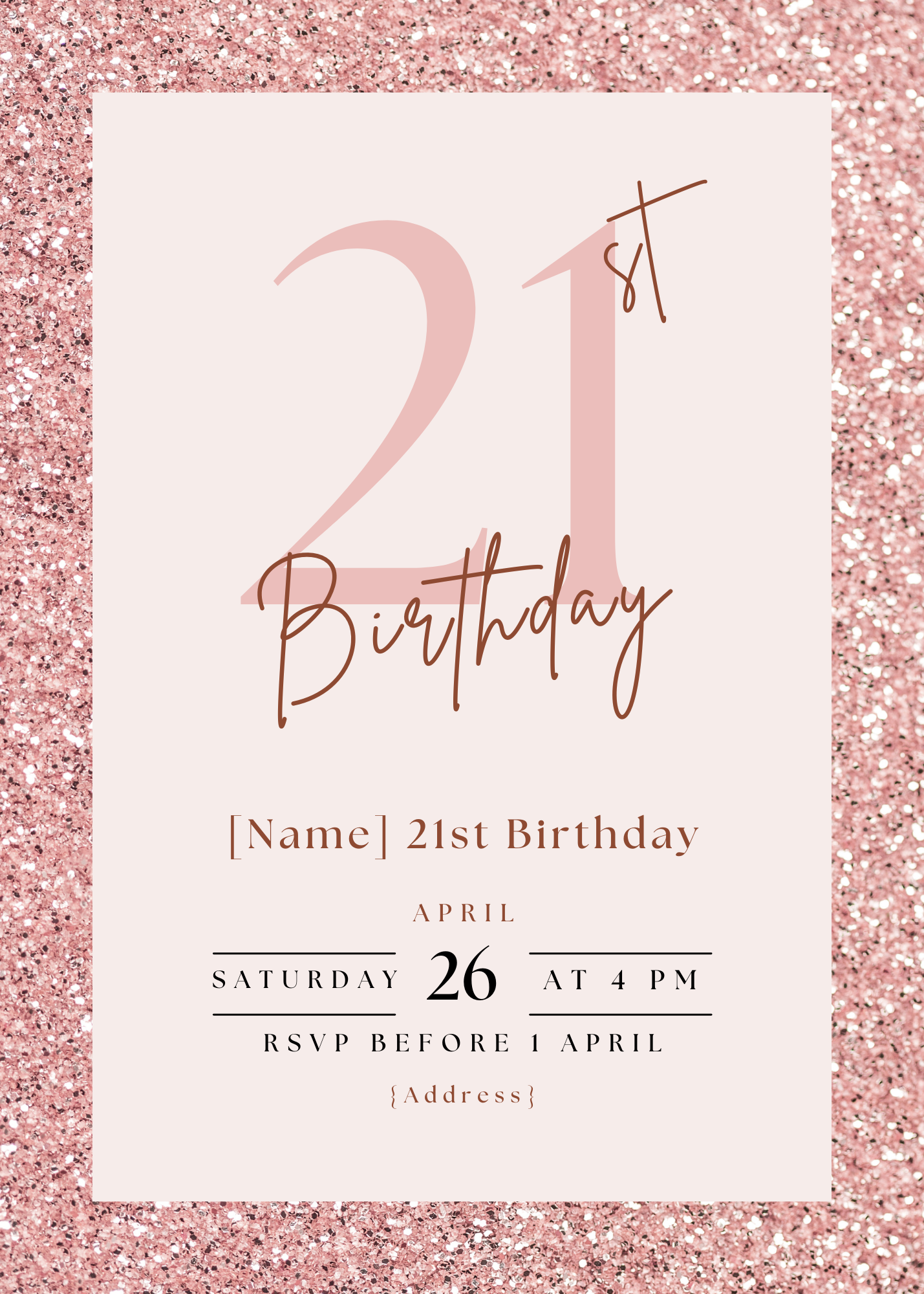 Rose Gold Glitter 21st Birthday Invitation